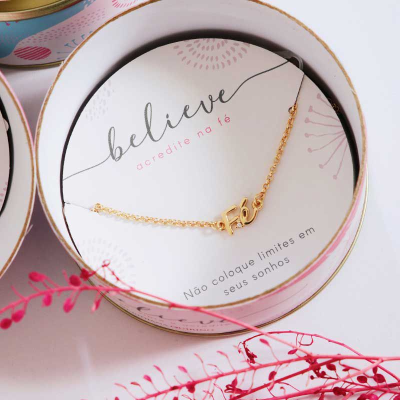 Pulseira Believe Fé e Zircônia Banho de Ouro 18k