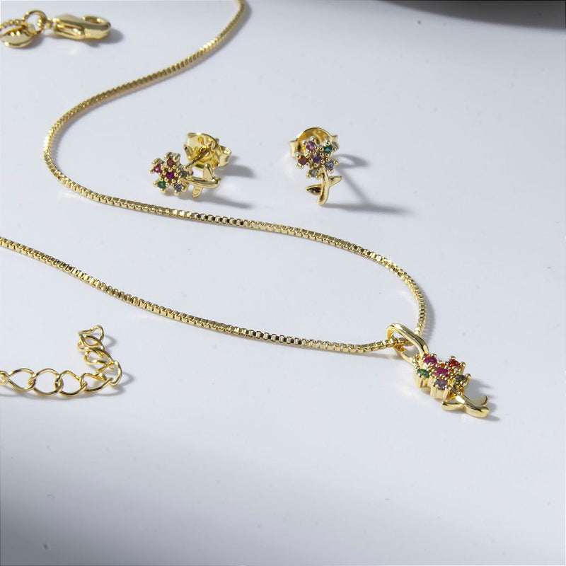 Conjunto Brinco e Colar Flores Coloridas Banho de Ouro 18k