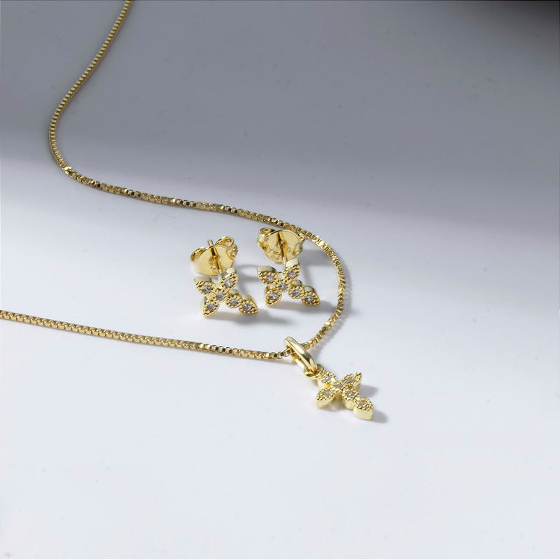 Conjunto Colar e Brinco Cruz Zircônias Banho de Ouro 18k