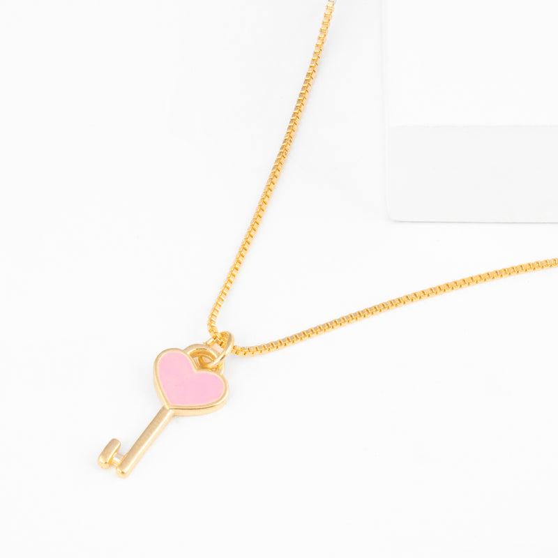 Colar Infantil VQzinha Pingente Chave Coração Rosa Banho de Ouro 18k