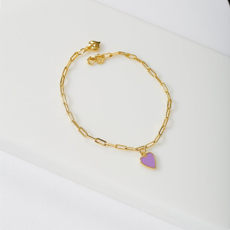 Pulseira Coração Roxo Banho de Ouro 18k