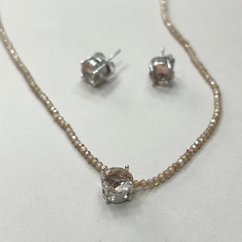 Conjunto Ponto de Luz Zircônias Morganite Banho de Ródio Branco