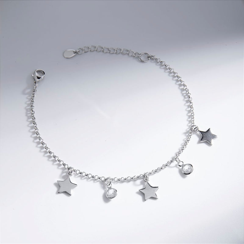 Pulseira Penduricalhos Estrelas e  Pontos Luz Banho de Ródio Branco